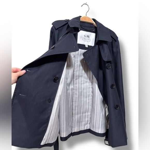 NWOT Coach Navy Blue Belted Fall Buttoned Trench Coat Outerwear Size Small - Picture 2 of 13